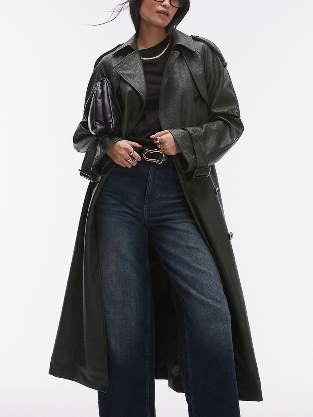 Dark Green Faux Leather Trench Coat